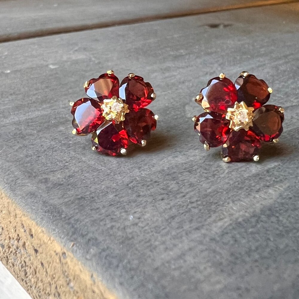 Vintage 14K Gold Heart Garnet Earrings with Diamond Center Stone, Wedding